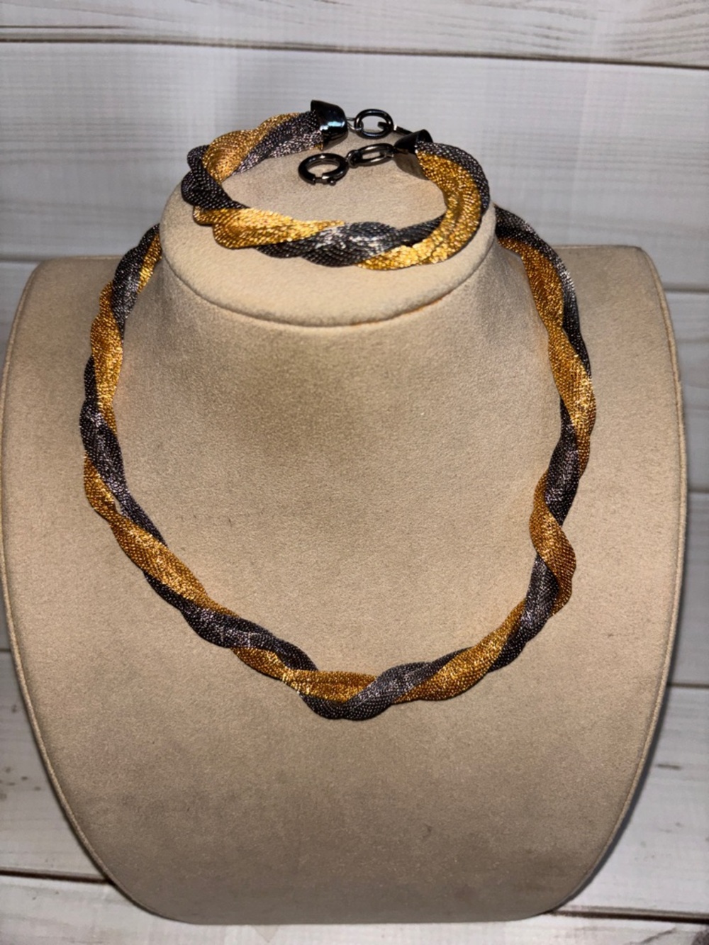 Metallic Gold & Gunmetal Mesh Rope Necklace & Bracelet